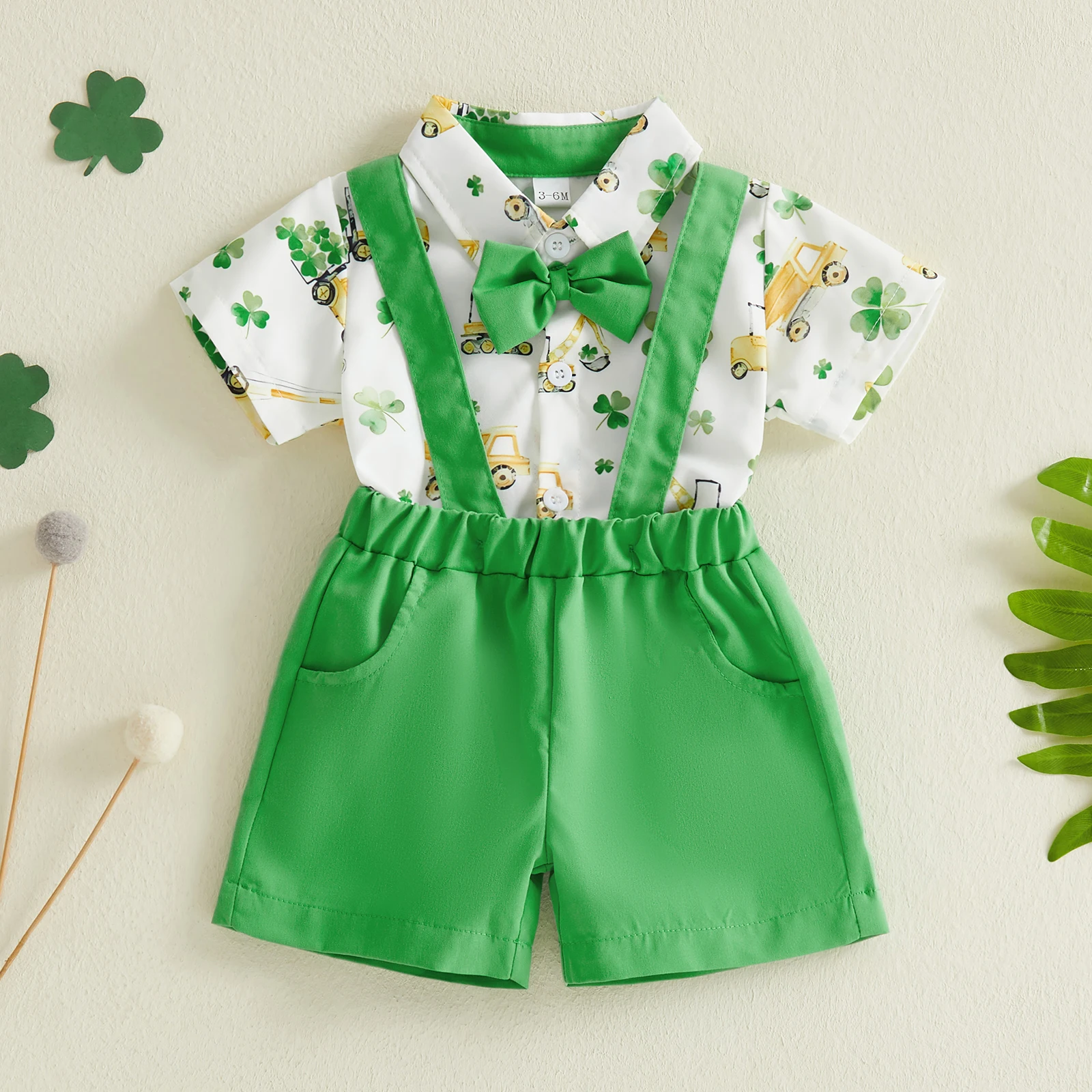 طفل الفتيان 2 قطعة ملابس الربيع قصيرة الأكمام البرسيم طباعة رومبير الحمالة مجموعة تي شيرتات قصيرة للأطفال الوليد الأولاد الملابس الرسمية مجموعة #2