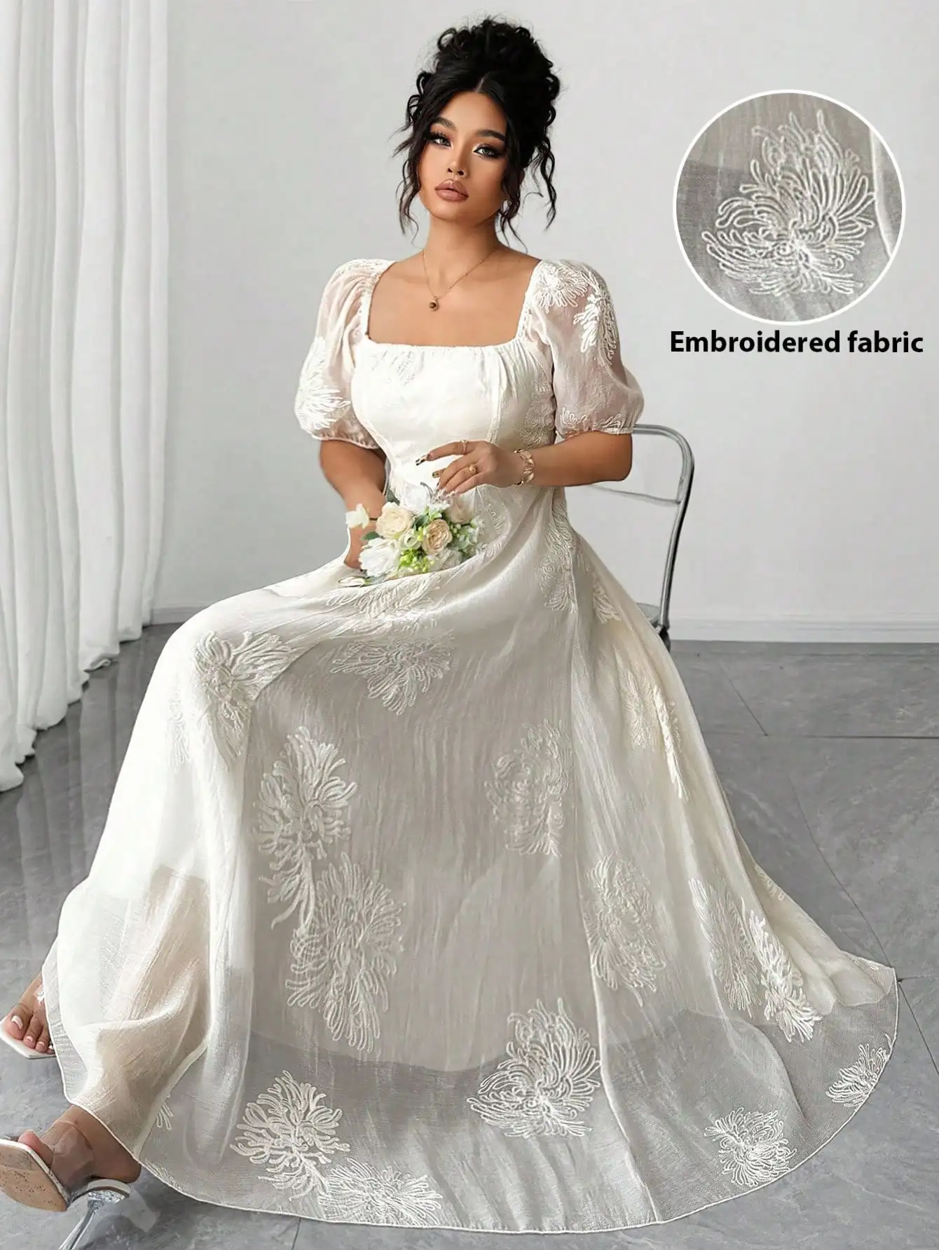 

Элегантное свадебное платье больших размеров с вышивкой, квадратным вырезом, пышными рукавами и расклешенным подолом для свадебных или торжественных мероприятий
