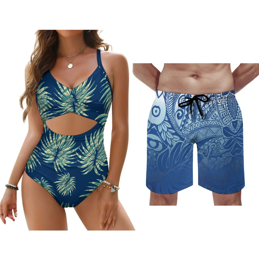 Hete zomer Polynesische aangepaste paar kanten bikini heren trunks dames push-up badmode strandvakantie splash