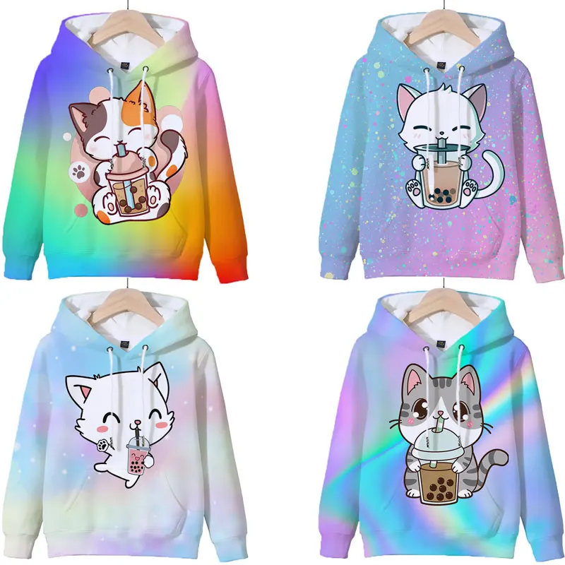 

Animals Boba Tea Hoodie Cute Cat Fox Hooded Sweatshirt Harajuku Hoodies Kids Kawaii Pullover Tops Casual Hoody Children Clothes