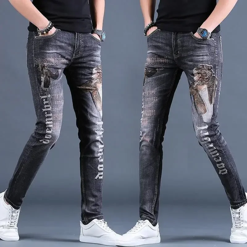 Men's Jeans Elastic Graphic Man Cowboy Pants Tight Pipe Trousers Skinny Slim Fit Stretch Stacked Korean Fashion Stylish Luxury