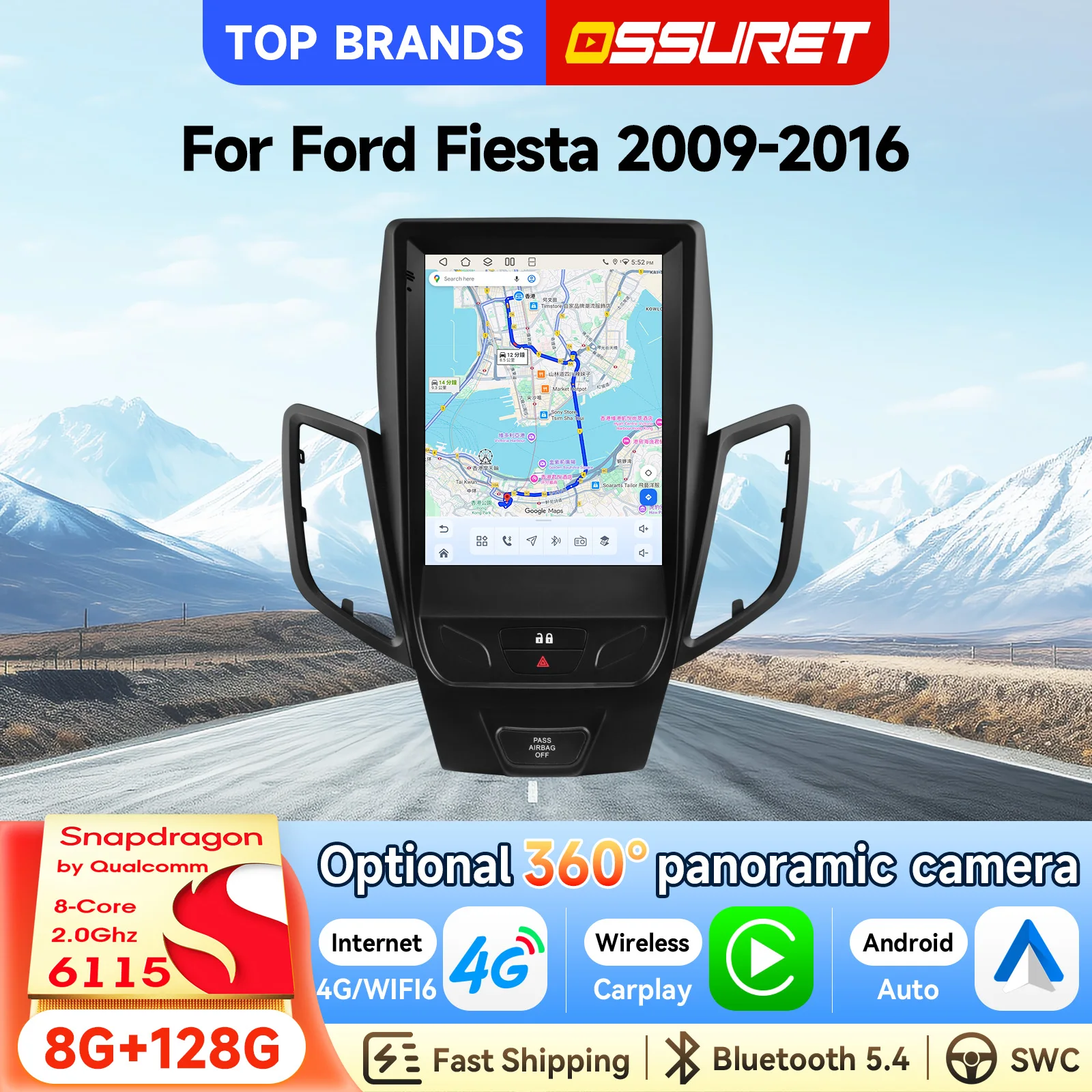 OSSURET Schnelle Lieferung 9,7 Zoll 2 Din GPS-Navigation Android 15 Autoradio für Ford Fiesta 2009-2016 mit Airbag-Aus-Schalter Autoradio 6115 Octa Core GPS Bluetooth SWC Stereo Wireless Carplay