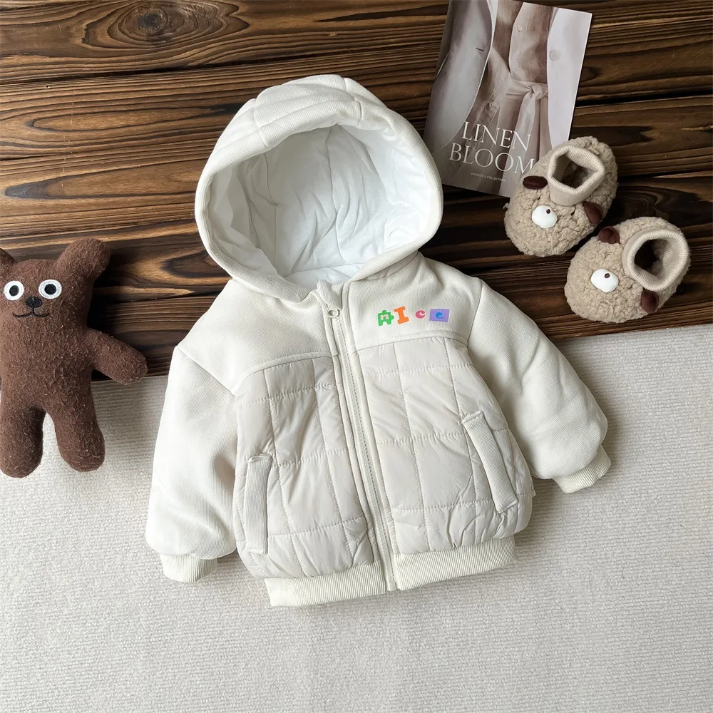 2024 Winter New in Kids Baby Girls Boys Fashion Clothing , Toddler Infant Hooded Zipper Patchwork Thicken Plush Warm Jacket