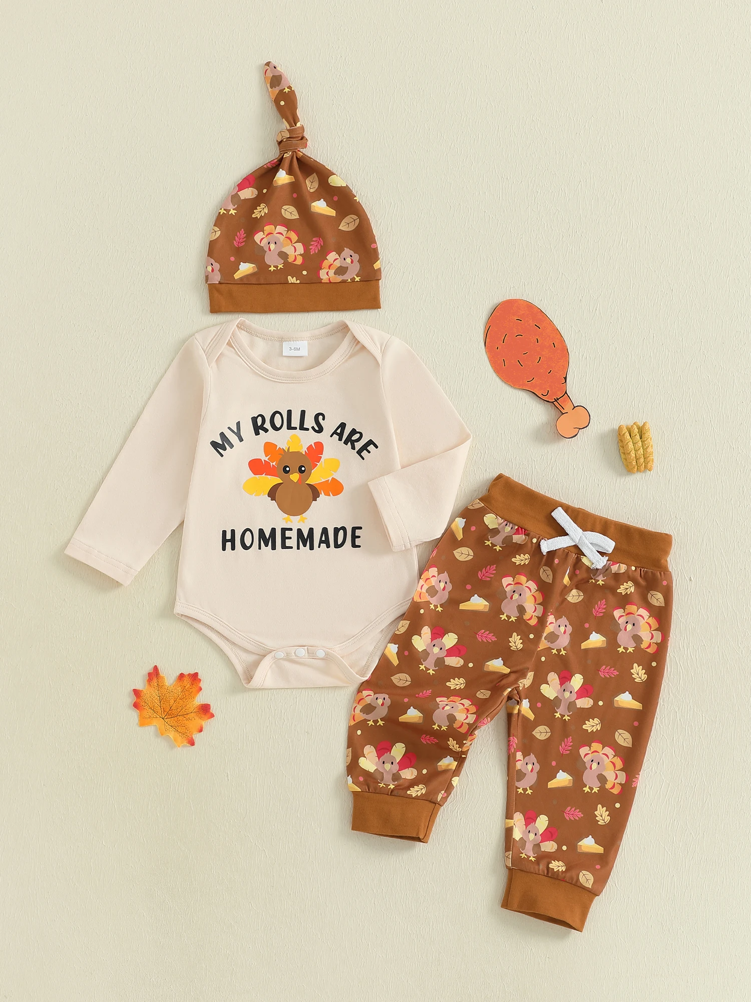 

Наряд для маленьких мальчиков на День Благодарения, комбинезон с длинными рукавами и принтом Турции, эластичные штаны, комплект шляпы, комплект из трех предметов, осенняя одежда, ансамбль