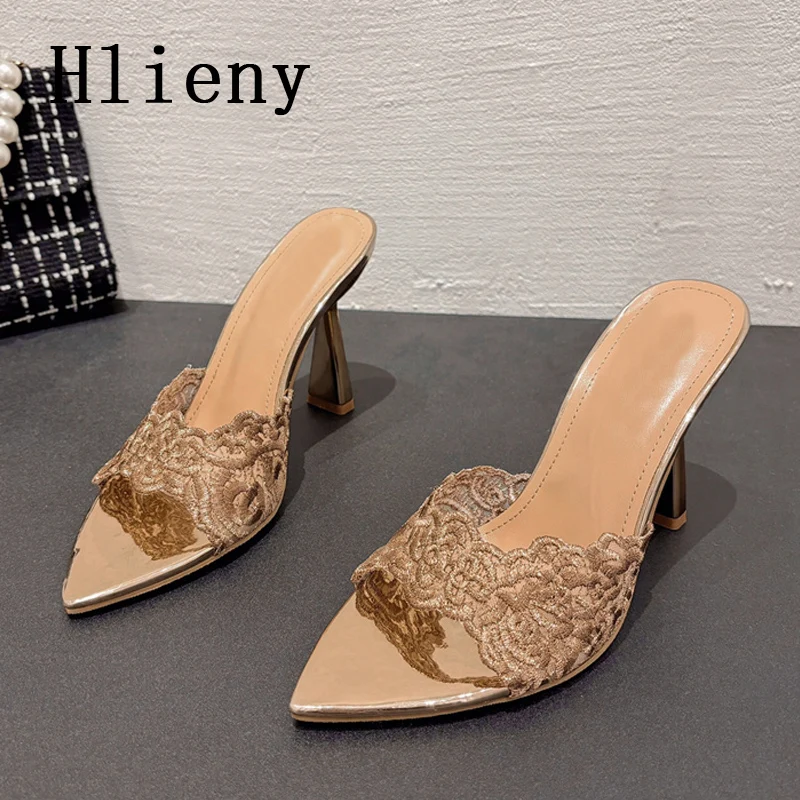 Hlieny Sexy Pointed Toe Mesh High Heels Slippers Stripper Summer New Fashion Slip On Slides Women Party Sandals Shoes Size 35-41