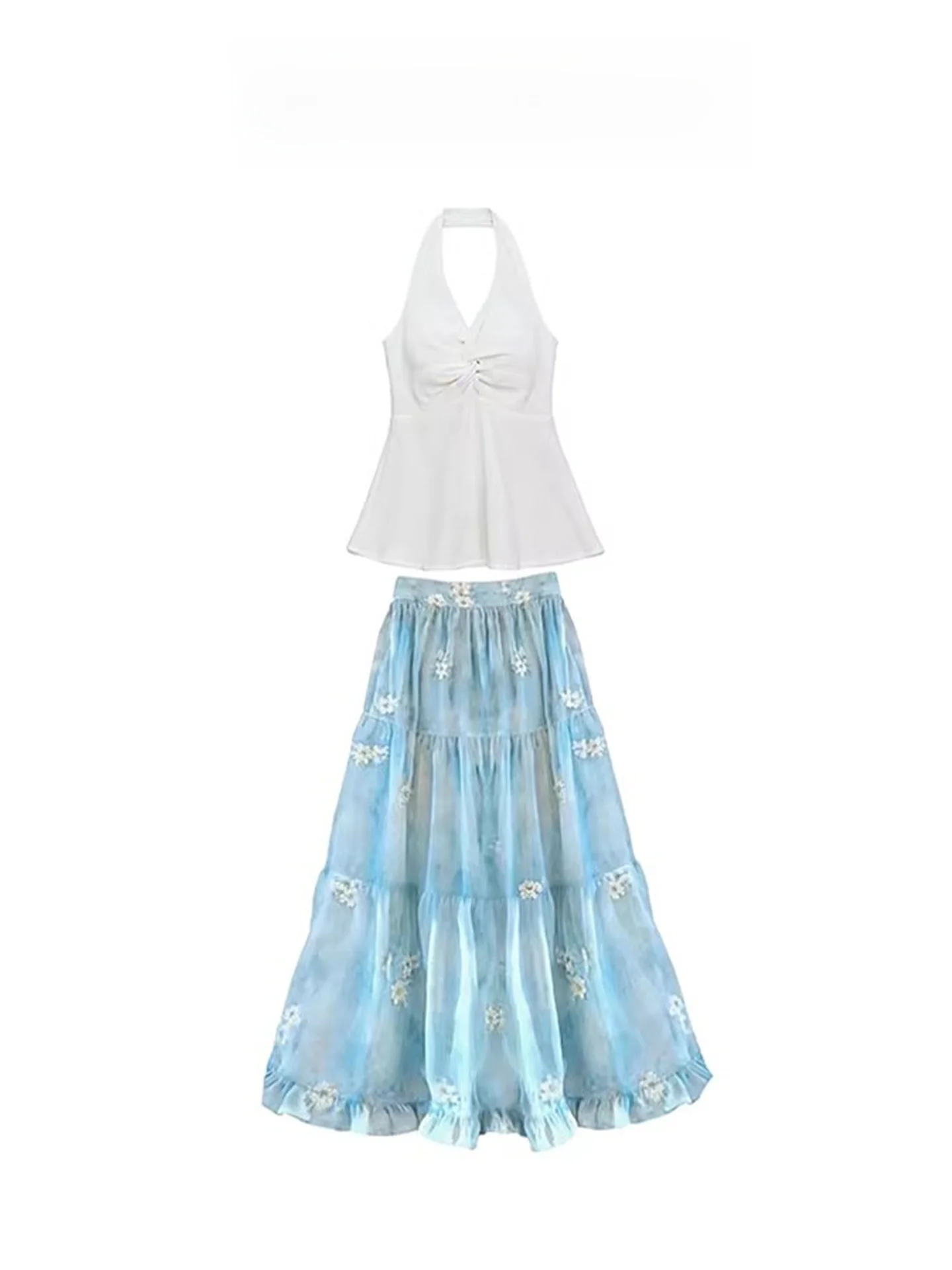 

Summer Floral Print Maxi Dress And Vest Two-Piece Set for Women Beach Vacation Style Sleeveless Neck Hanging Top And Bottom