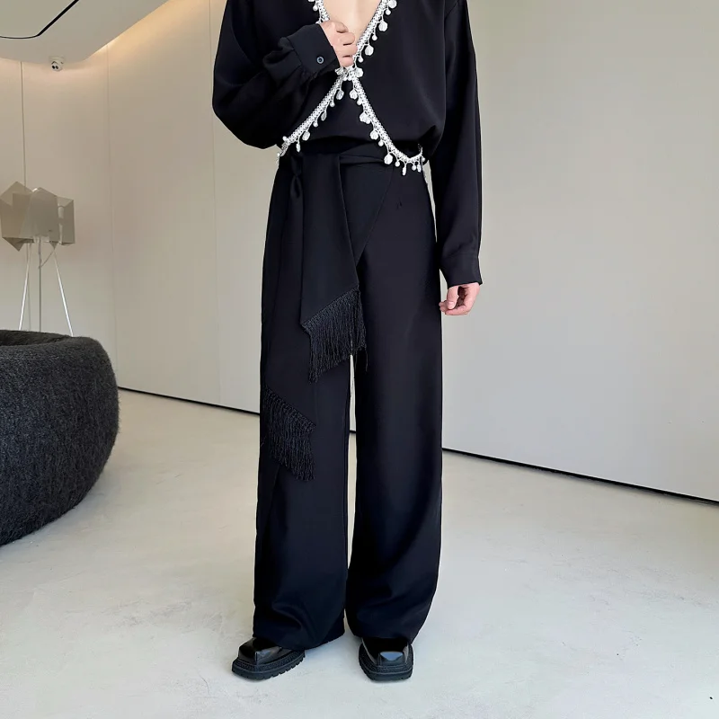 

Men's Straight Leg Pants Tassel Belt Design Faionable Casual Trousers Hair St Trendy Polyester Fiber Autumn Season