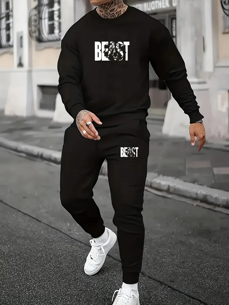 

Autumn Men's Relaxed Fit Long Sleeve Pants Suit 3D Trendy Letter Print Crew Neck Top & Casual Sweatpants Two-Piece Set