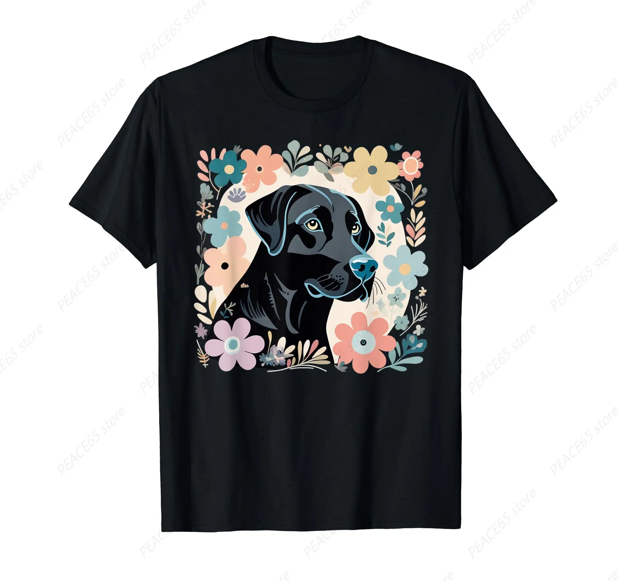 

Black Labrador Lab Dog In Flowers Vintage Retro Floral Art T-Shirt