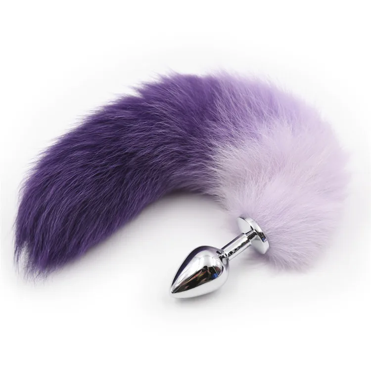 spot color gradient artificial hair anal plug tail purple pink sex toys metal couple fox tail.