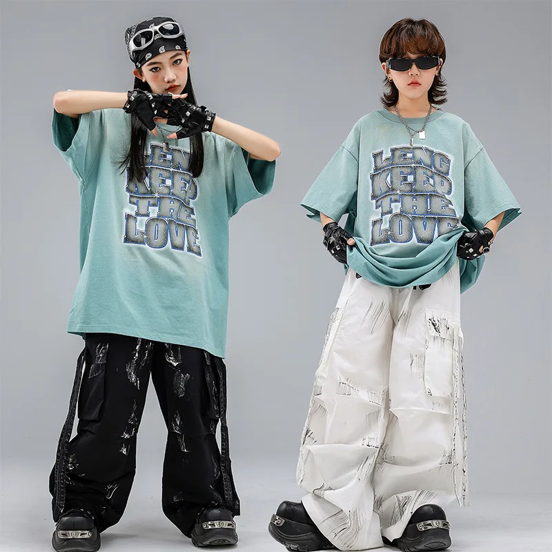 Teenager Boys Hip Hop Blue T-shirt Cargo Pants Set Girls Group Street Dance Clothing Jazz Costume Kids Streetwear
