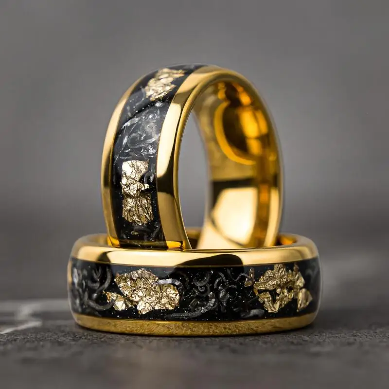 

Men's Wedding Promise Jewelry Accessories Fashion 8mm Synthetic Meteorite Golden Foil Ring Stainless Steel Ring