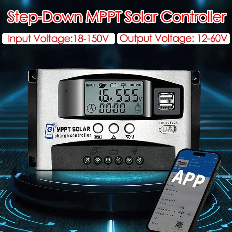 

12V-60V Step-Down MPPT Solar Charge Controller LCD Display Dual USB Bluetooth APP 18V-150V Voltage Regulator 10/30/40/50/60A