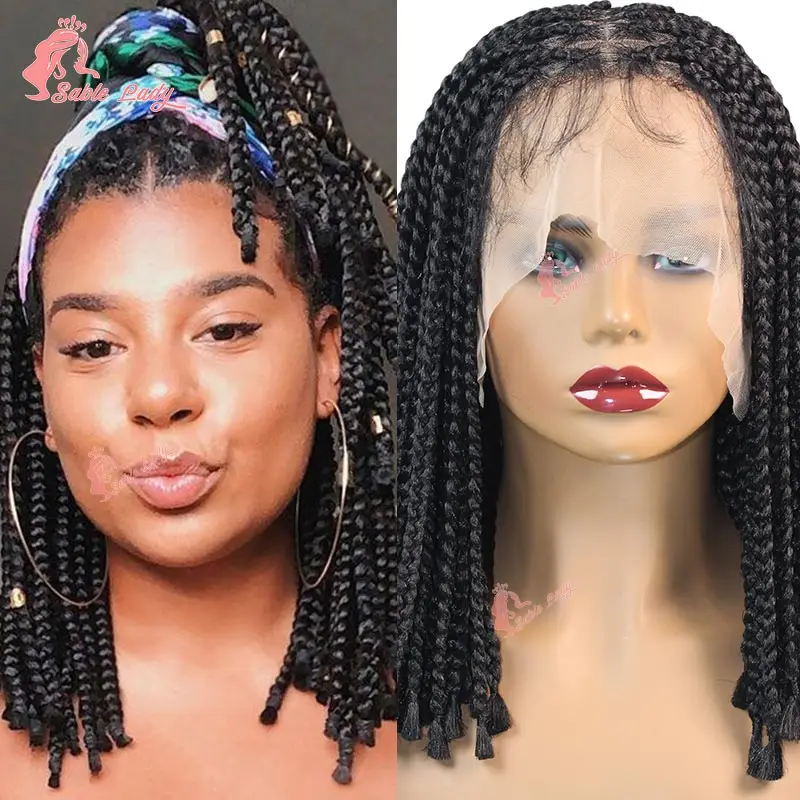 10 Polegada curto bob peruca trançada sintética 360 peruca de trança frontal do laço completo para mulher negra caixa sem nós cornrow tranças peruca