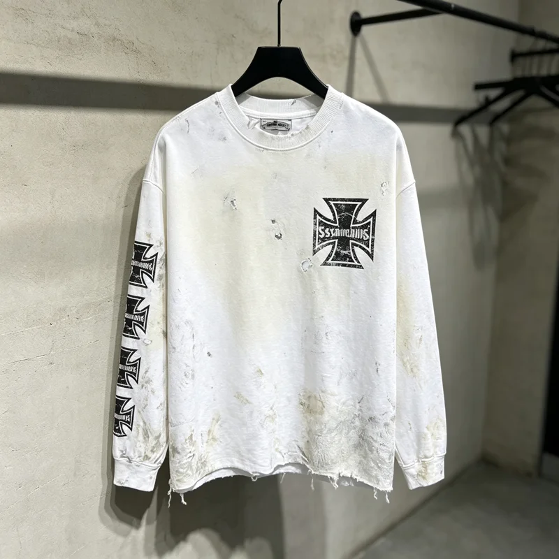 Stain Long Sleeve Sssaint Louis Graffiti Cross Label T Shirt Men Women Black White Washed Loose Hole Damaged T-shirt Tops Tee