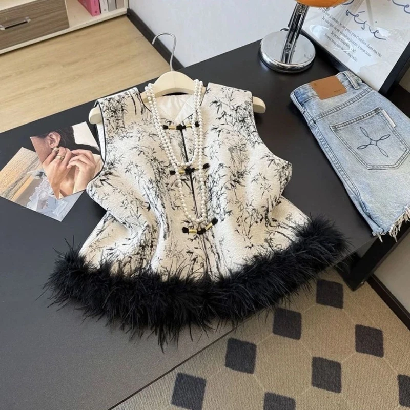 Thicked Hairy Patchwork Streetwear Vest New Chinese Style Embroidery Jacquard Coat Slim Patchwork Trendy Hot Sell Outwear