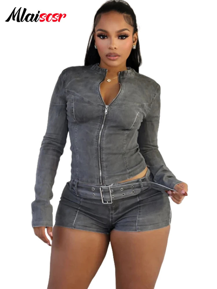 Mlaiscsr Stretch Denim Suits Women Shorts Set Long Sleeved Crop Jacket and Short Jeans with Belt Two Pieces Streetwear Outfits