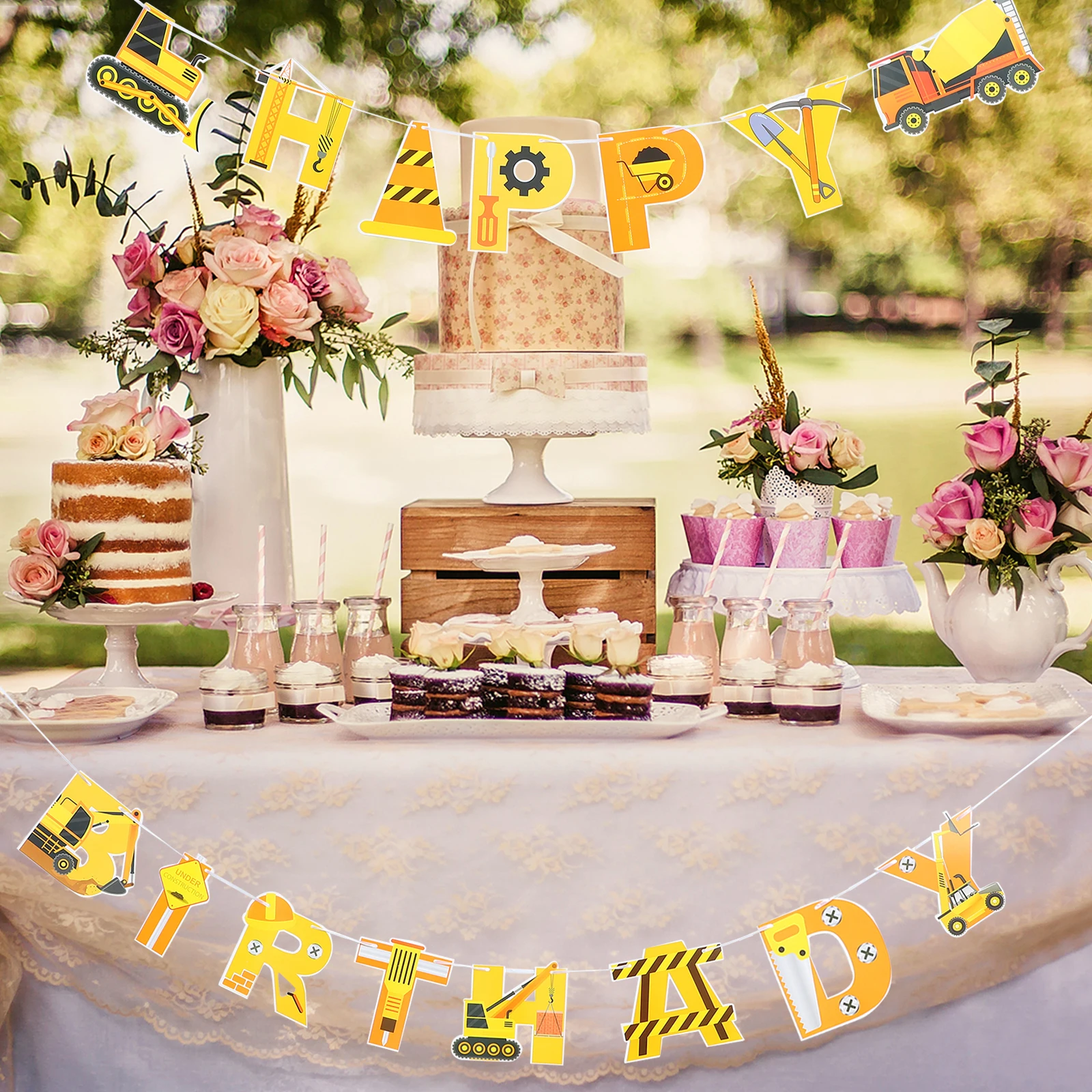 

Construction Theme Birthday Decors PVC Cake Topper Banner Hanging Tree Photo Prop Boys Engineering Vehicle Themes