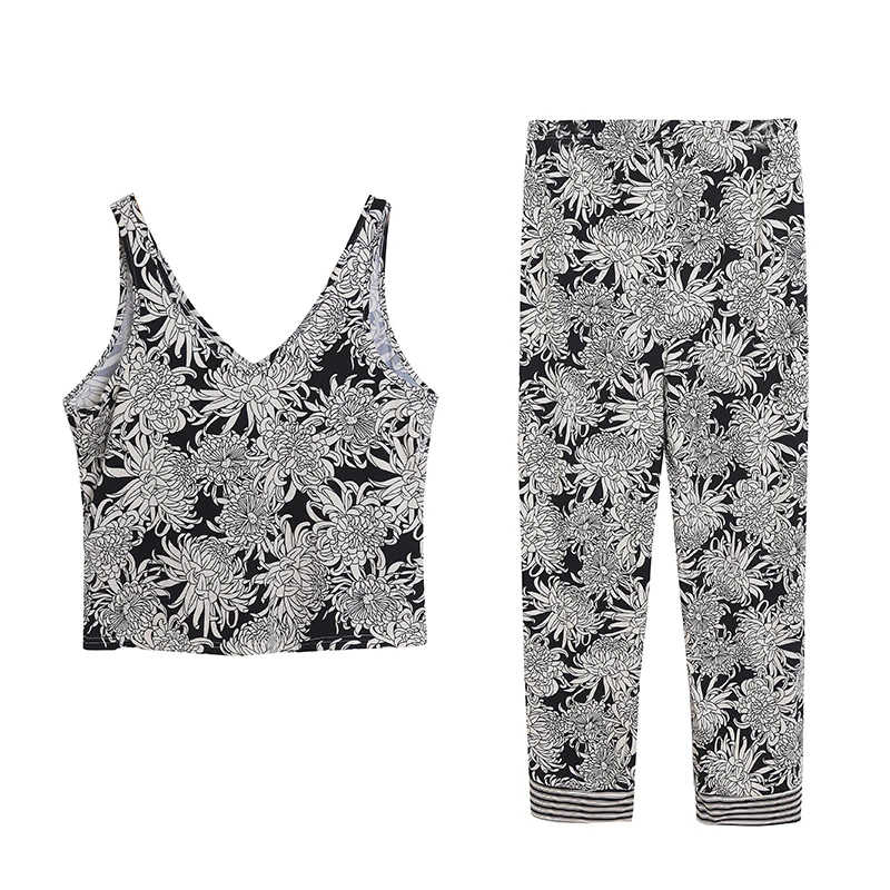 Retro Floral Print V-Neck Long Sleeve Home Clothes Set Comfortable Loose Open Cardigan Vest Wide Leg Pants Skin-friendly