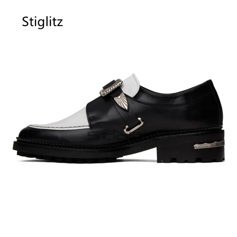 Black Round Toe Metal Buckle Men\'s Shoes Retro Casual Business Dress Man Shoes Slip-On Genuine Leather Comfortable Loafers