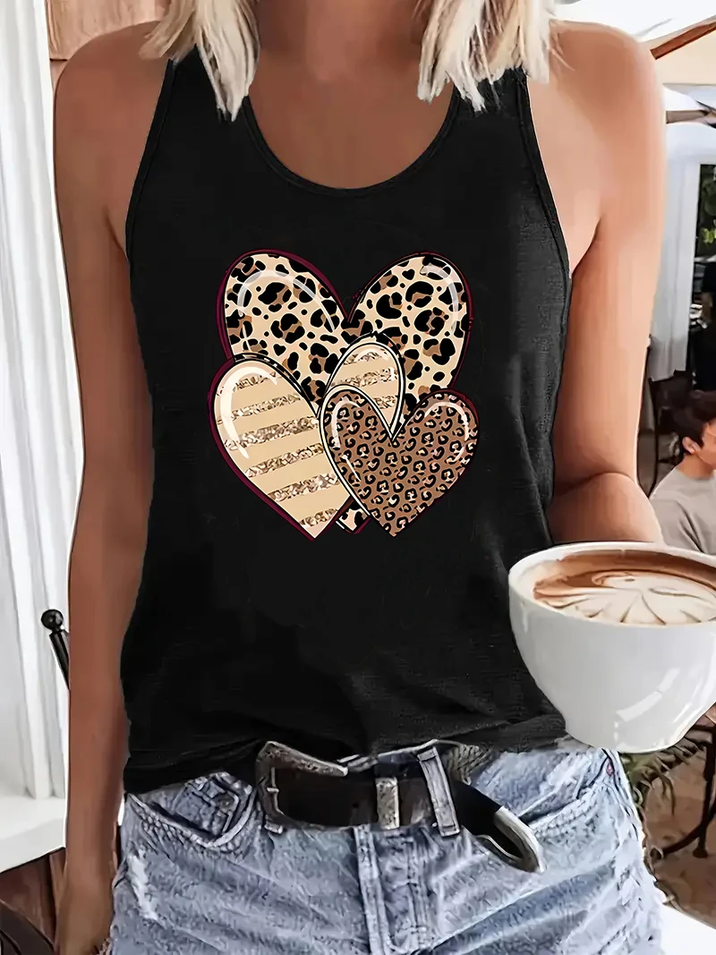 T-Shirt mit Leoparden-Herz-Print, Y2k-Weste, grafisches Tank-Top, ärmelloses Damen-Top mit Rundhalsausschnitt, lässiges Top für Sommer und Frühling