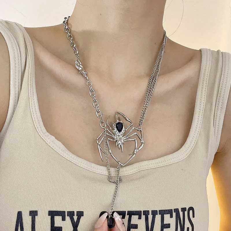 Silver Color Black Crystal Tassel Hanging Spider Pendant Layered Chain Necklace for Women Goth Halloween Y2K Jewelry Streetwear