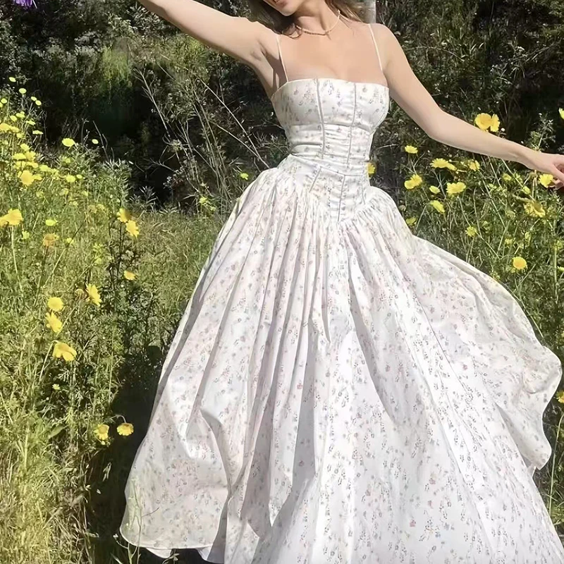 Vestido camisero francés elegante con estampado de flores para mujer, vestido Sexy de verano con tirantes finos, vestido acampanado a la moda para mujer, Vestidos de fiesta plisados ajustados