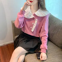 Femme Spring Summer Korean Fashion Button Color Blocking Turn-down Collar Women Shirts Elegant Fashionable Ruffles Long Sleeve
