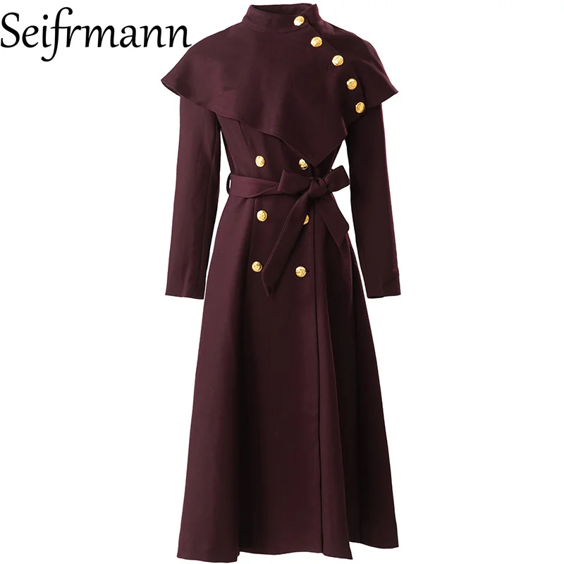 Seifrmann 2026 Spring Women's New Fashion Shawl Cape Collar Long Sleeve Double breasted Waistband cinching Windbreaker