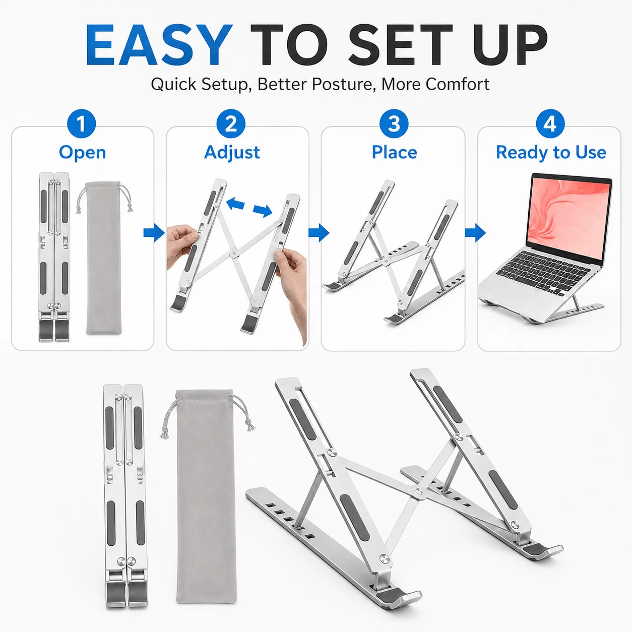 Ergonomic Laptop Stand for Desk, 7-Level Angle Adjustable Foldable Aluminum Laptop Riser, Lightweight Portable Notebook Holder w