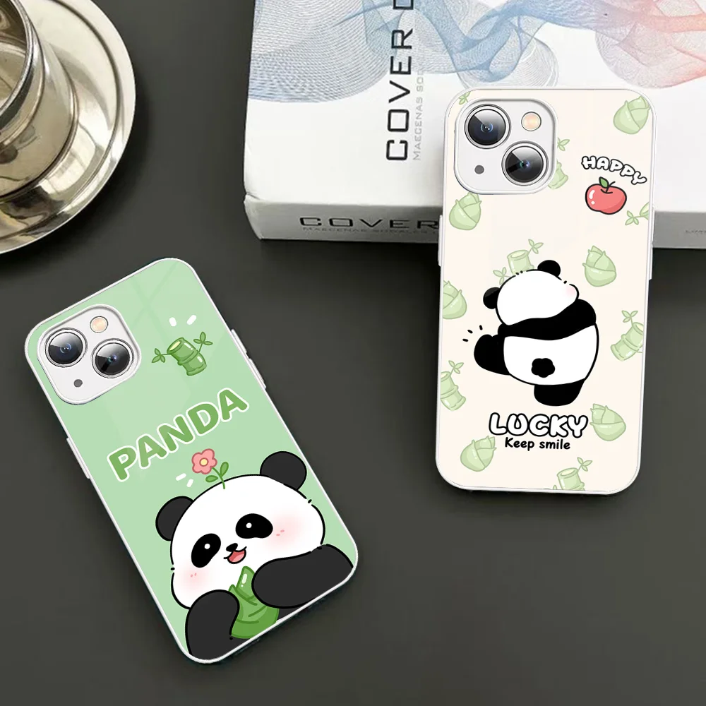 

Anime Cute Panda Phone Case Tempered Glass For iphone 14 13 12 11 Pro Mini XS MAX 14Plus X XS XR Fundas