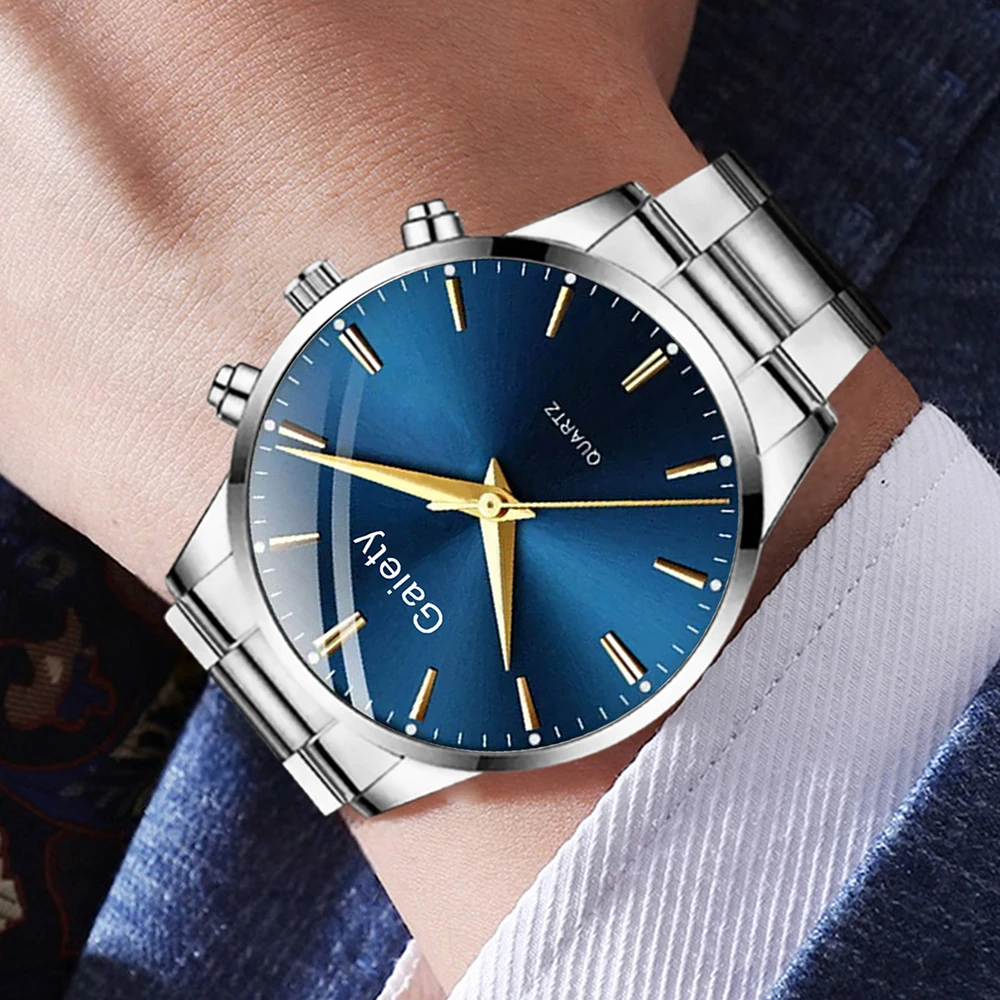 4PC Silver Men Watch Set Business Trend Simple Lines Scale Blue Round Dial Quartz Watch Bracelet Necklace Ring Set Perfect Gift