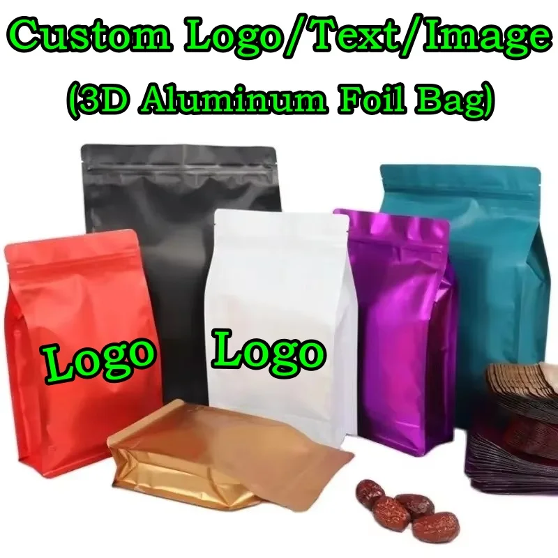 50 Stück 3D Aluminiumfolie Ziplock-Verpackungsbeutel DIY Logo-Druck Matcha Kaffee Gewürz Snack Zucker Katzen- und Hundefutter Heißsiegelbeutel
