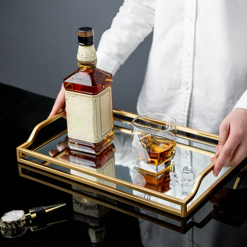 

Nordic Golden Metal Mirror Glass Tray Decorative Ornaments Living Room Tea Set Wine Storage Trays Cosmetic Jewelry Organizer