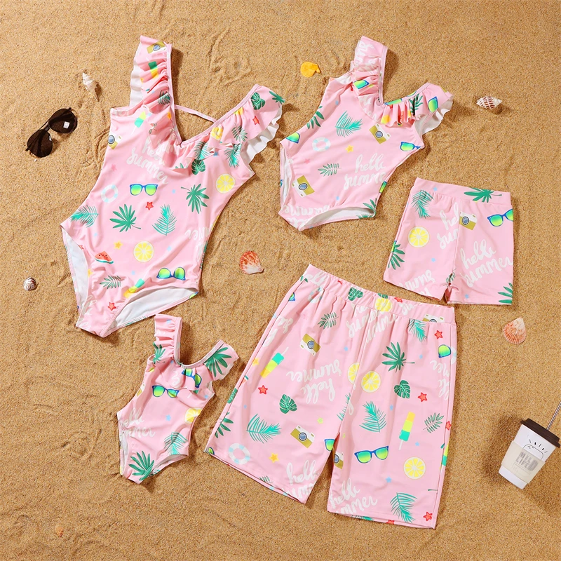 

2026 Summer Family Matching Swimsuits Ruffled V-Neck Mother Daughter Swimwear Mommy and Me Clothes Father Son Swimming Shorts