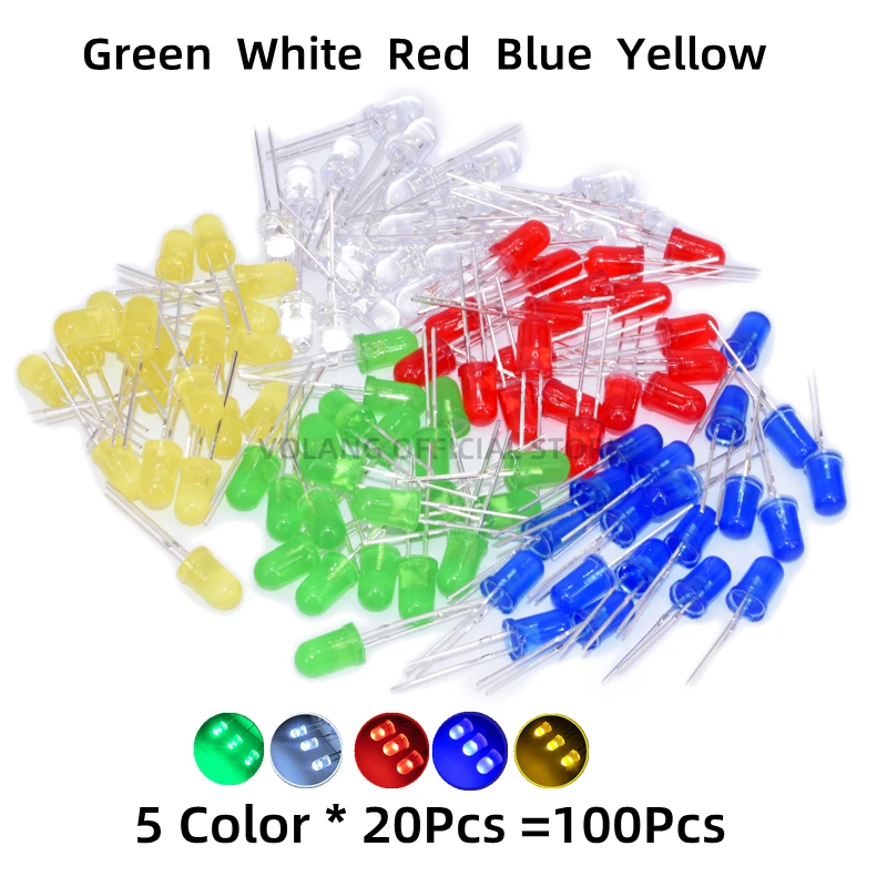 100pcs 3mm LED Diode F3 Assorted Kit White Green Red Blue Yellow Orange White FOG DIP DIY Hight Light Emitting Diode
