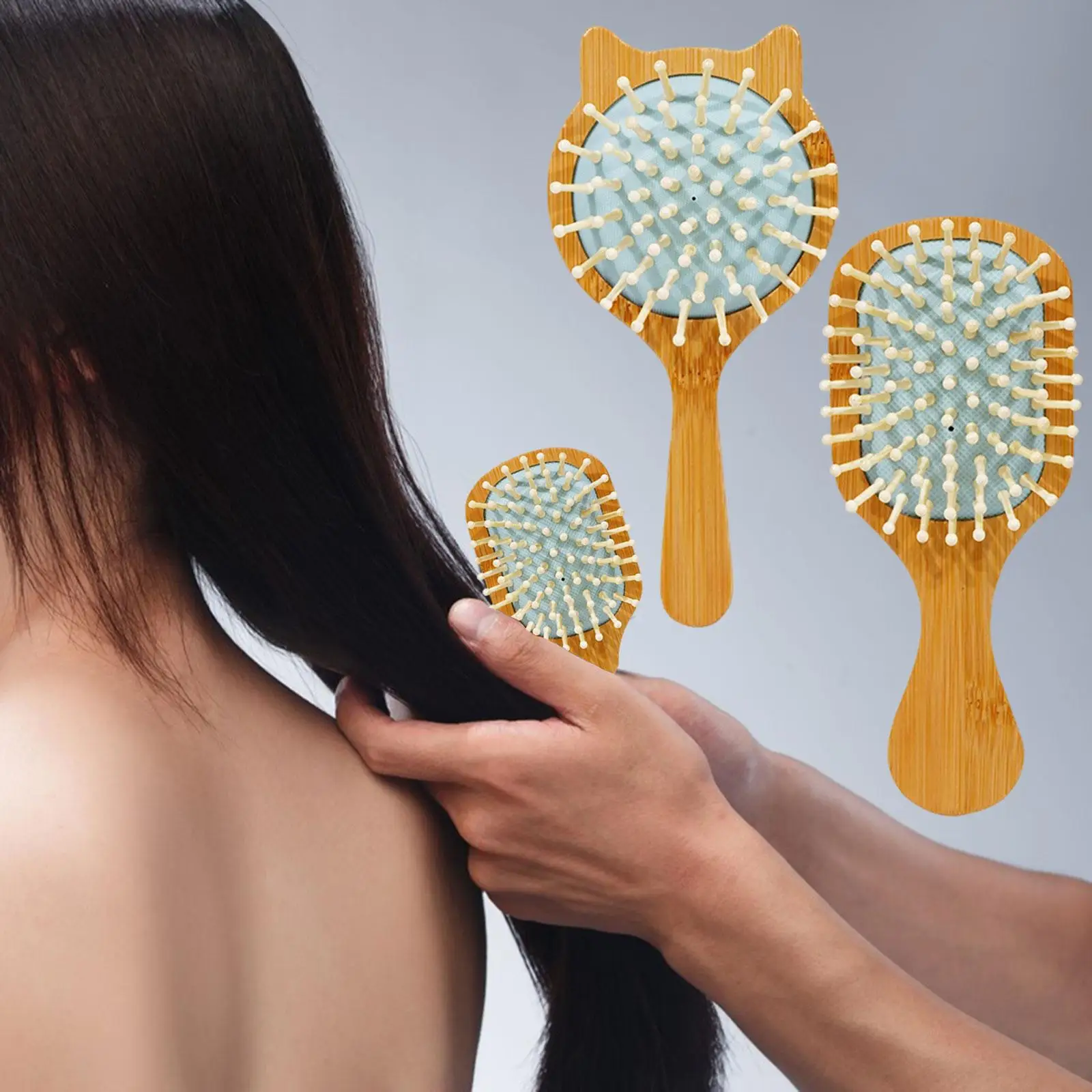 طقم فرش خيزران مدمجة للنساء ، مشط للشعر ، مقبض مريح ، مقاس سفر ، هدية صالون الطفل ، تدليك منزلي ، 2