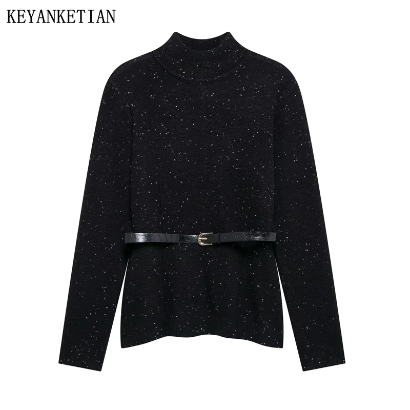 

KEYANKETIAN Winter New Women's Snowflake Jacquard Sweater Office Lady With Belt Mock Neck Seam Detail Knitted Top Pullover