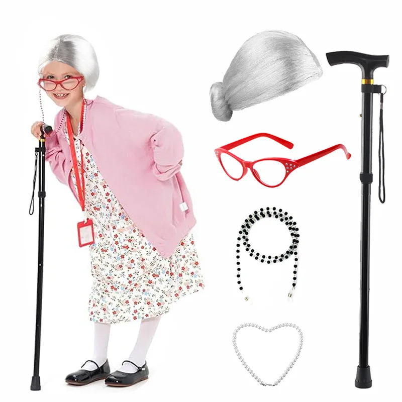 5 Pezzi Set Costume da Vecchia Signora Costume da Vecchio Costume da Nonna per Bambini Halloween Anni '20 Gatsby Parrucca da Vecchia Signora Costume da Nonna