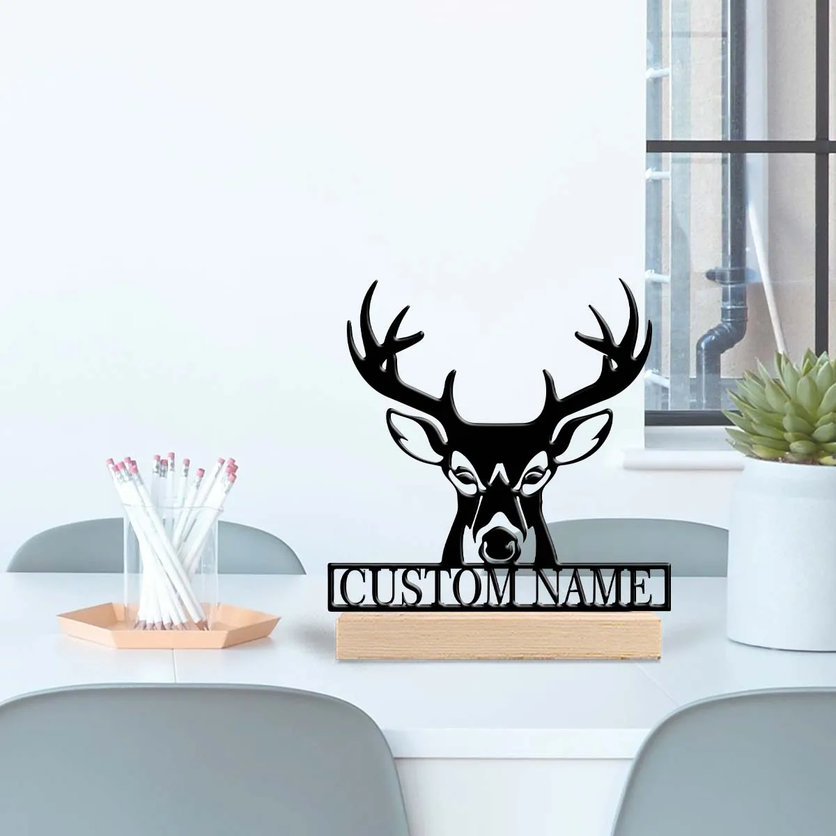 1pc Personalized Iron Desktop Ornament Custom Content With Wooden Base Desk Ornaments for Study Rooms,Bedrooms,and Offices