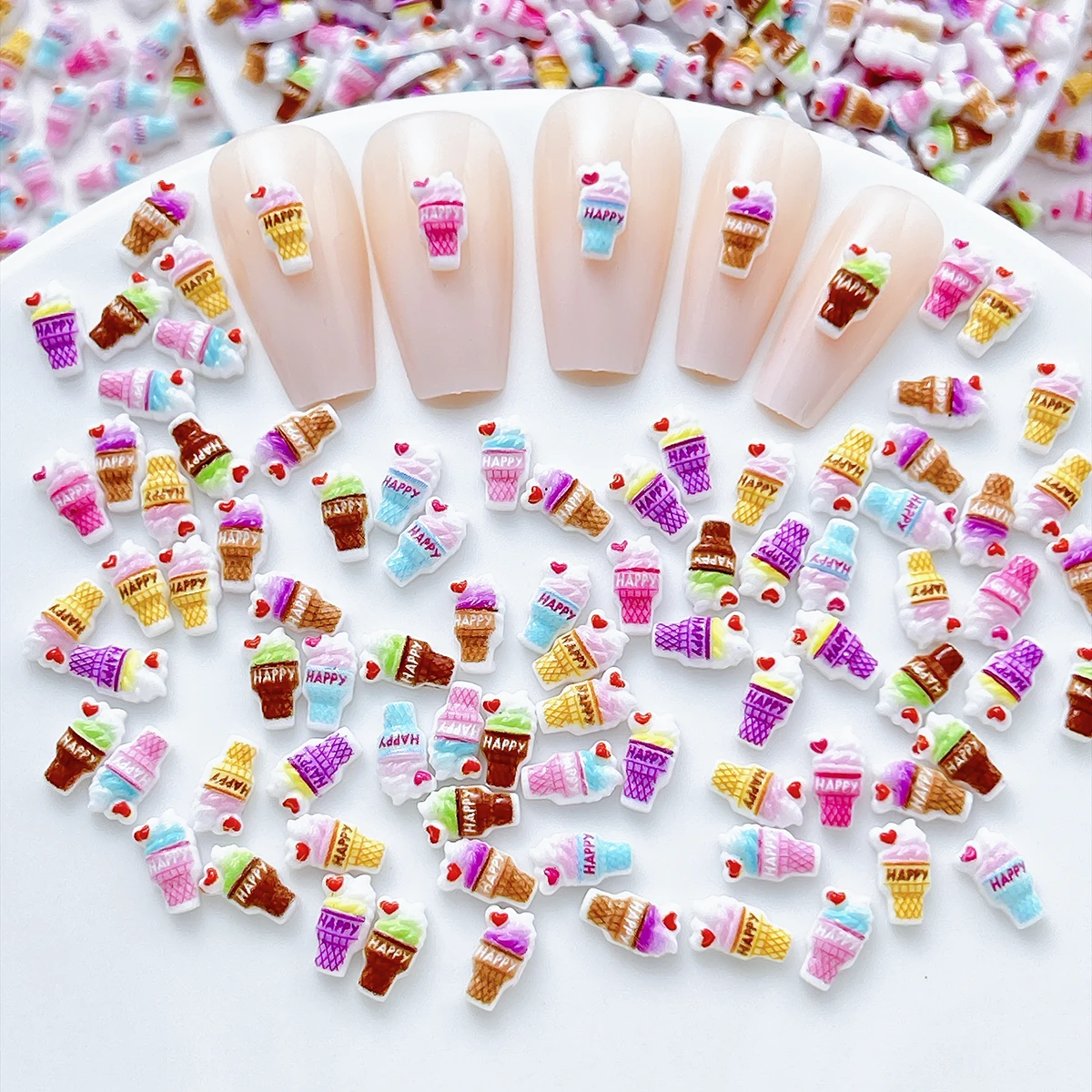 60PCS 3D Creative Simulated Ice-cream Resin Nail Charms New Colorful Ice Cream Cone Nail Art Decorations for DIY Nails Supplies