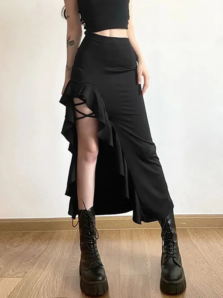Jmprs Gothic Slit Black Long Skirts Women High Waist Slim Streetwear Y2K Skirt Harajuku Vintage Hip Hop Sexy Irregular Skirts