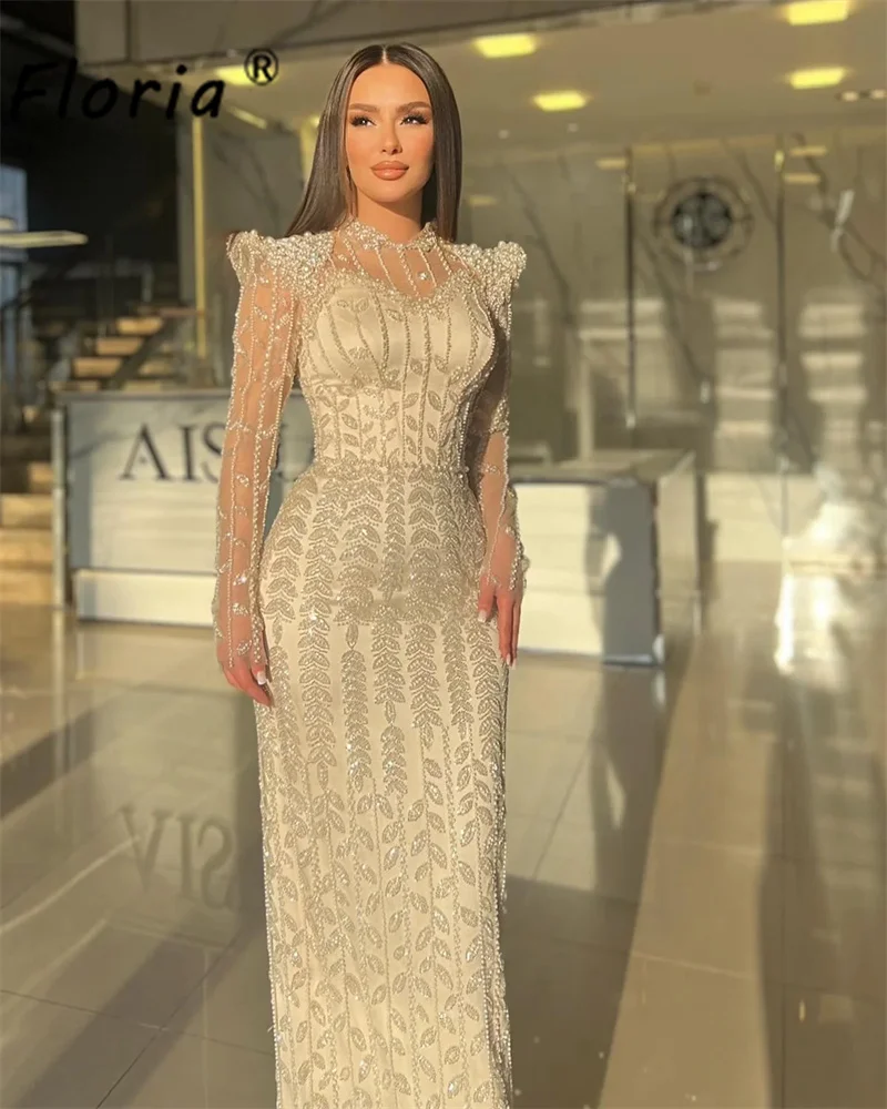 Elegant Heavy Beads Mermaid Prom Dress Full Crystal Beaded Long Sleeves Dubai Wedding Engagement Gown Vestidos de fiesta Couture