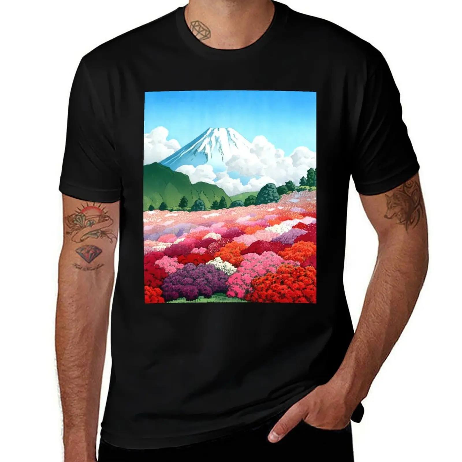 Japanese Wall Art View of an Azalea Garden and Mount Fuji 1935 Kawase Hasui T-Shirt heavyweights anime tshirt men workout shirt