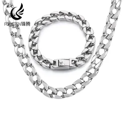 Fongten Cuban Chain Bracelets Necklace For Men Stainless Steel Curb Silver Color Male Hip Hop Jewelry Set Wholesale