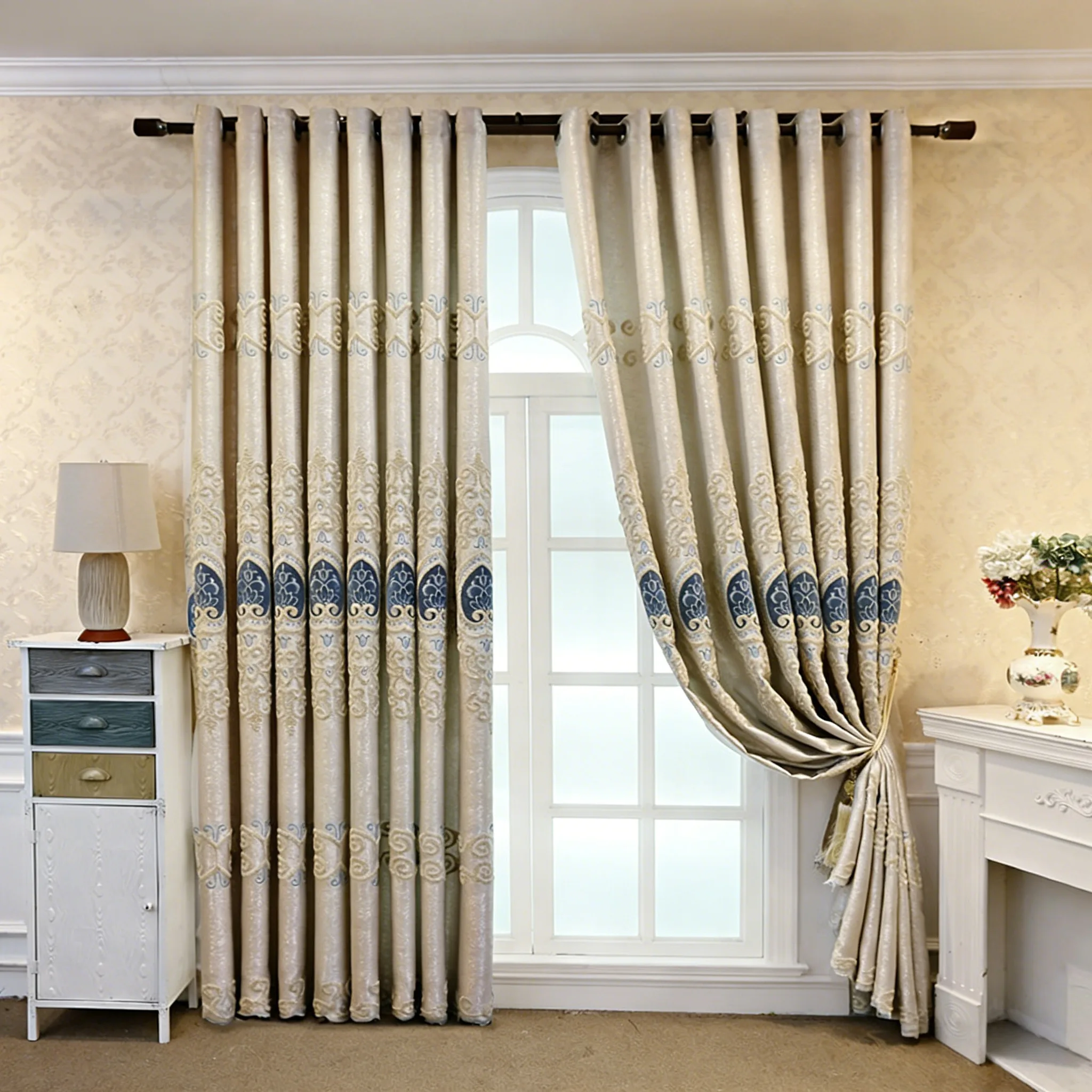 2 Panels European Embroidery Blackout Curtains, Luxury Satin Thermal Insulated Noise Reducing Window Drapes for Living Room Bedroom Home Decor