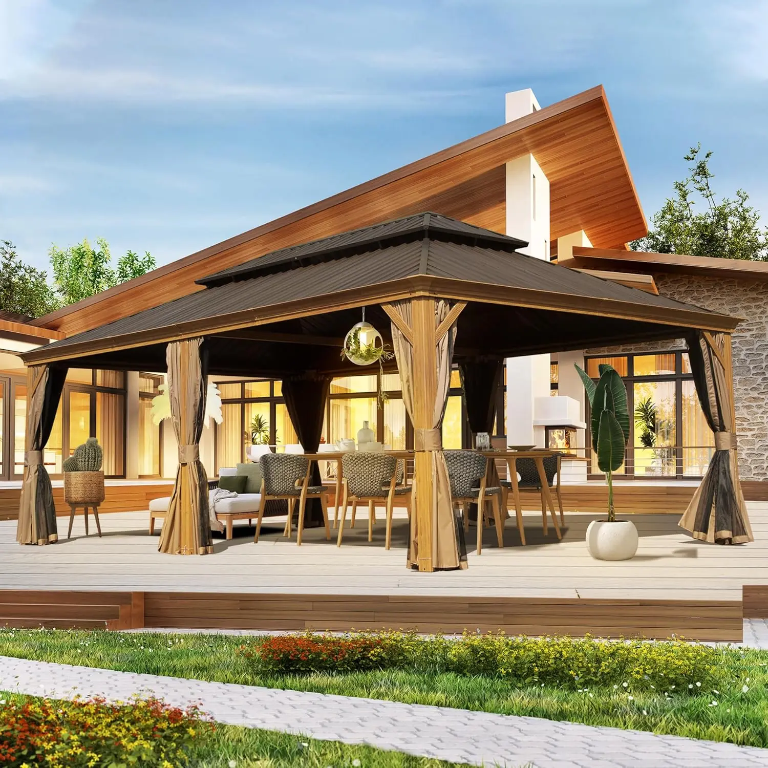 

Садовый павильон Domi 14' x 24' с жесткой крышей, металлический навес с двойной оцинкованной стальной крышей, алюминиевым каркасом под дерево, шторами