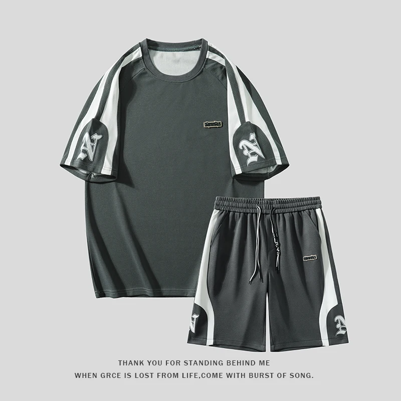 

2024 Summer Fashion Men Sets Sports Sets Short Sleeve T-shirt Fashion Patchwork Printed Suit Casual Loose Jogging Shorts
