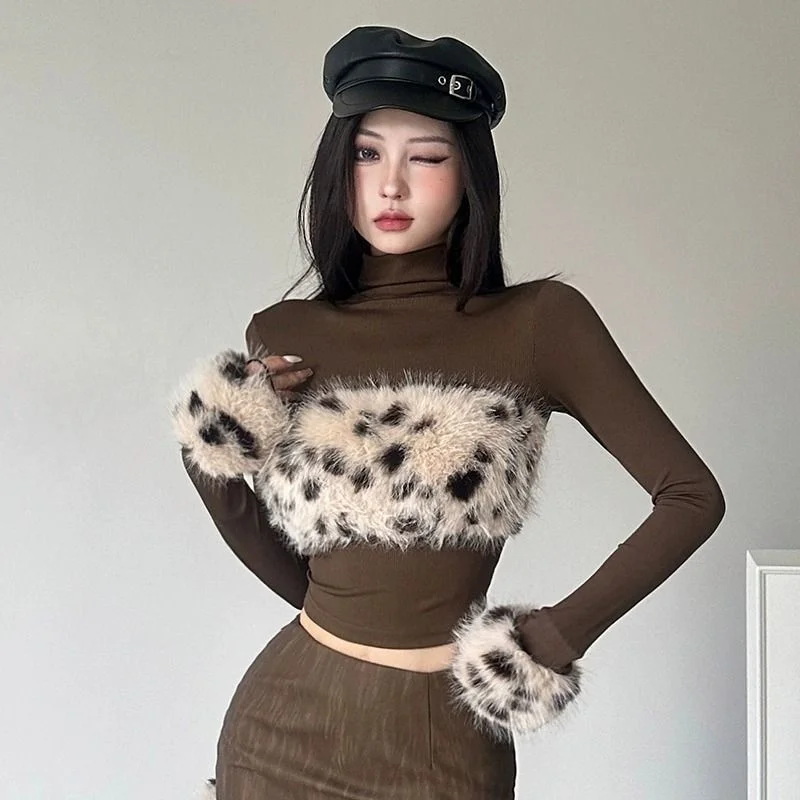 

Fashion Street Leopard Print High Neck Long Sleeve T-Shirt Millennial Hot Girls Long Sleeve T-Shirt Y2k Long Sleeve T-shirt