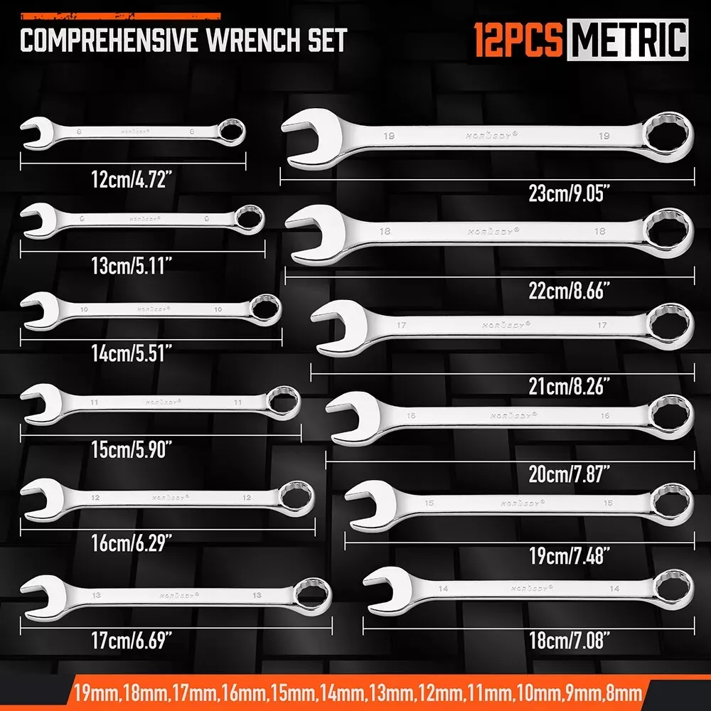 HORUSDY 12Pcs Metric Spanner Set Ring Open Ended Spanners CRV With Rack 8-19mm